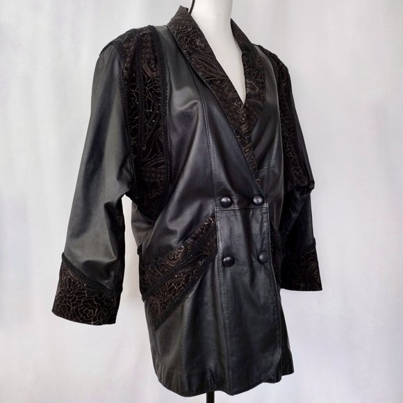 Vintage 1980s Black Leather & Suede Oversized Double Breasted Coat M /L - Picture 2 of 14